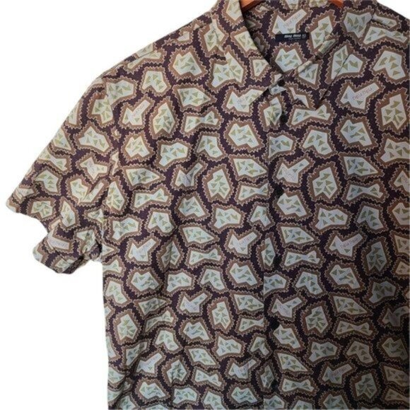 Miu Miu Mens Casual Button Down Shirt Graphic Print Logo All Over Green Brown - Picture 8 of 16